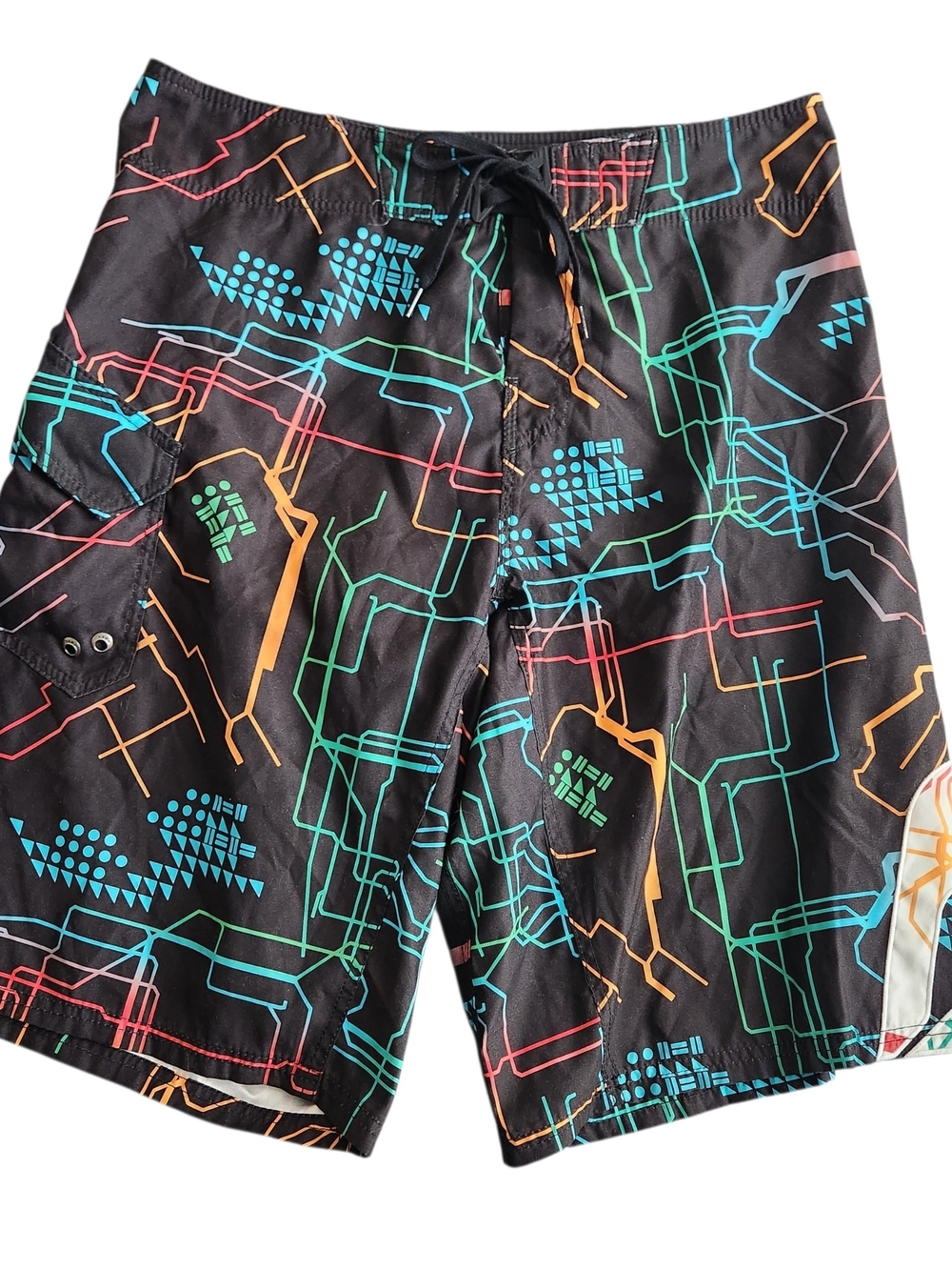Vintage Reef Board Shorts Men's 36 Black Signature Series Y2K Neon Laser AOP